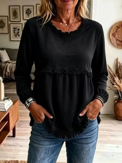 Fringed Hem Long Sleeve T-Shirt by Trendsi