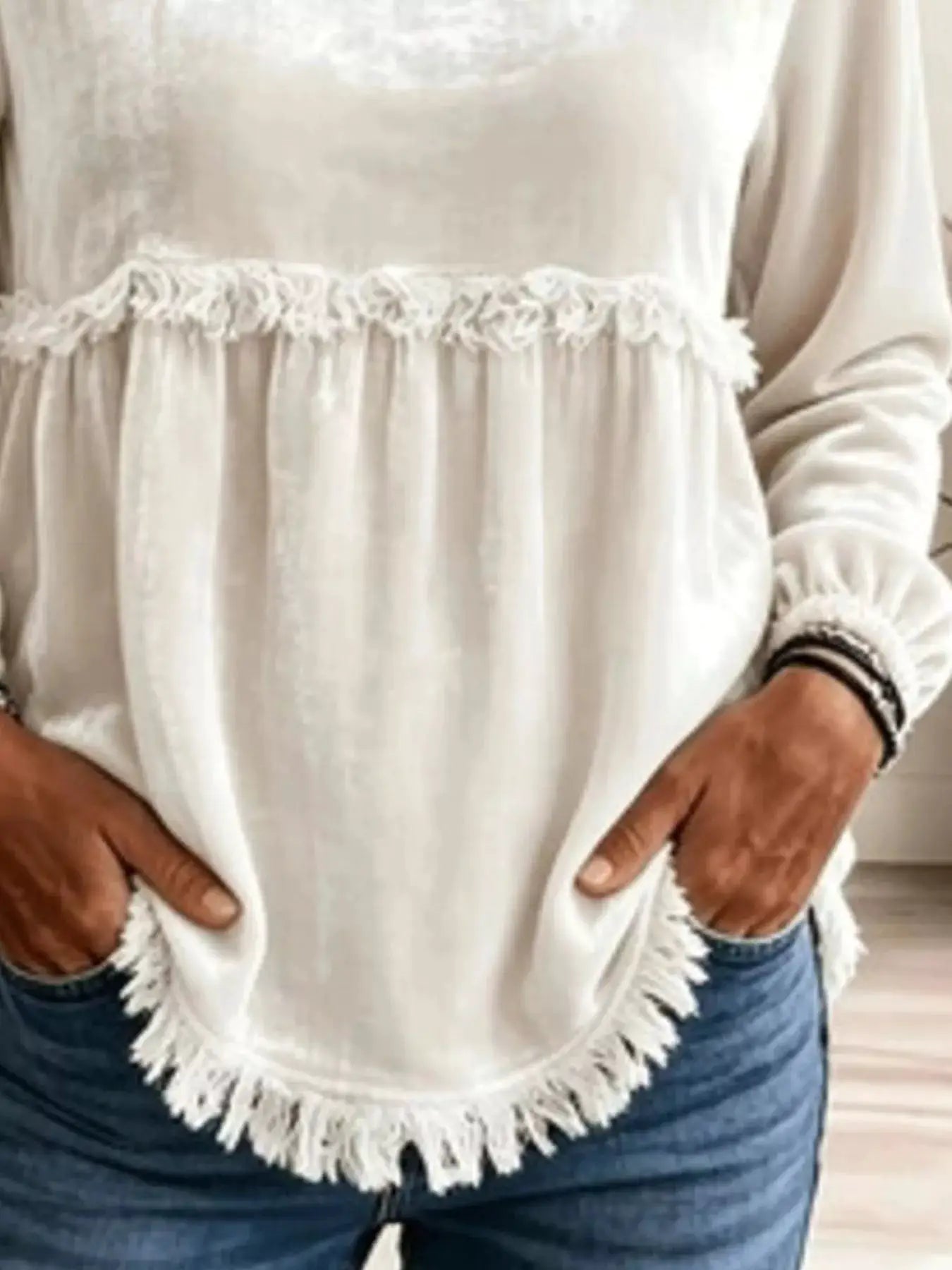 Fringed Hem Long Sleeve T-Shirt by Trendsi