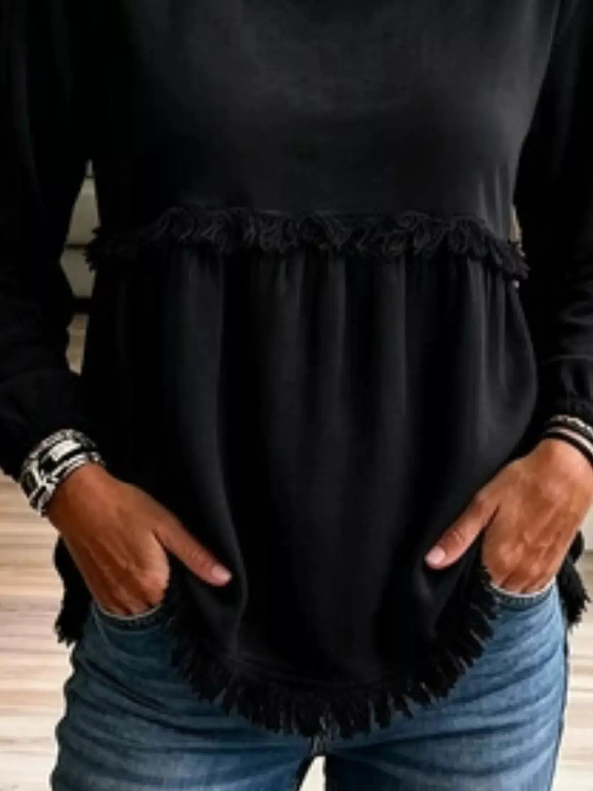 Fringed Hem Long Sleeve T-Shirt by Trendsi