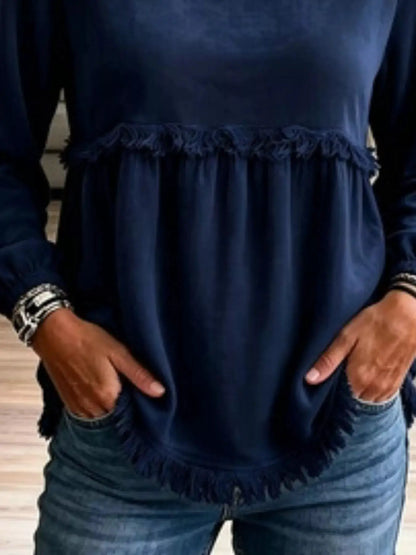Fringed Hem Long Sleeve T-Shirt by Trendsi
