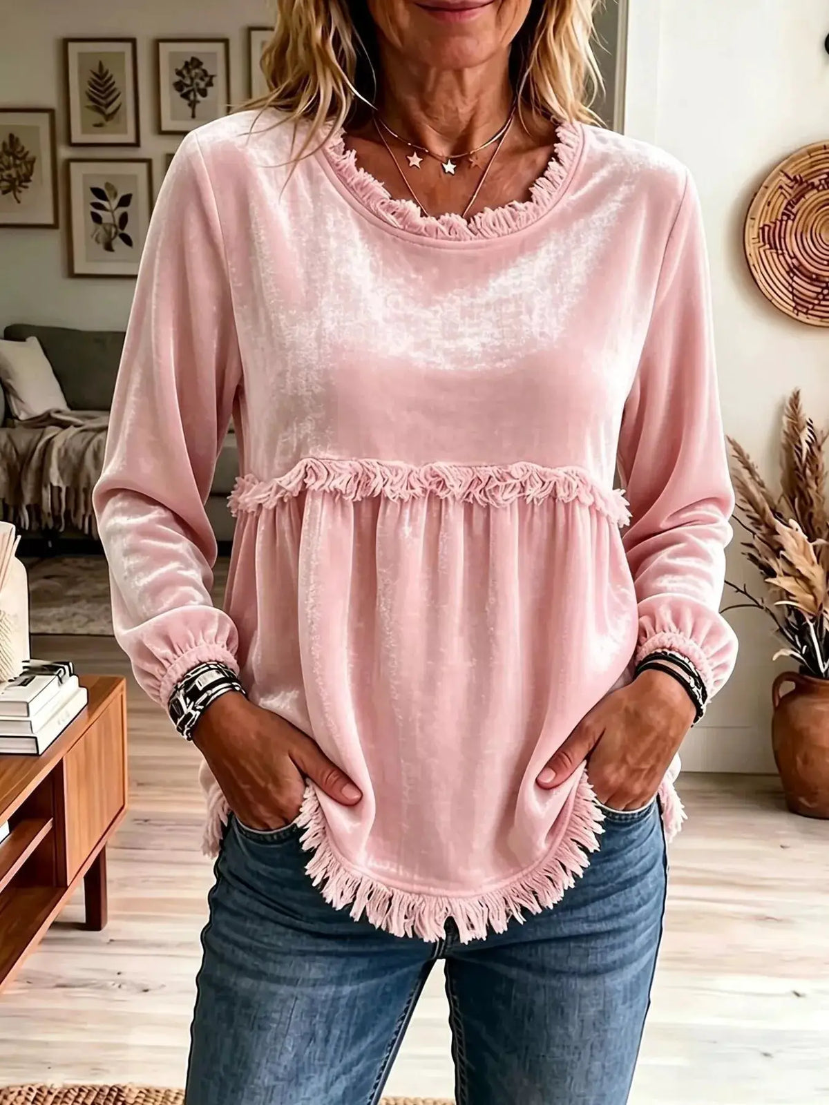 Fringed Hem Long Sleeve T-Shirt by Trendsi