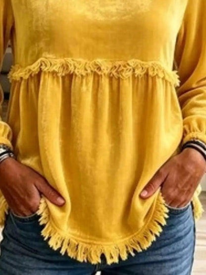 Fringed Hem Long Sleeve T-Shirt by Trendsi