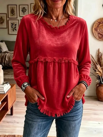 Fringed Hem Long Sleeve T-Shirt by Trendsi