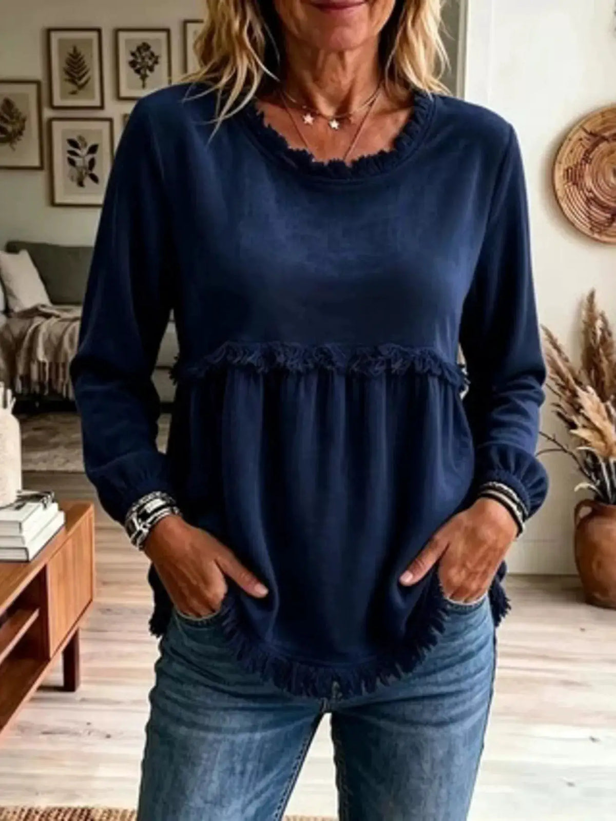 Fringed Hem Long Sleeve T-Shirt by Trendsi