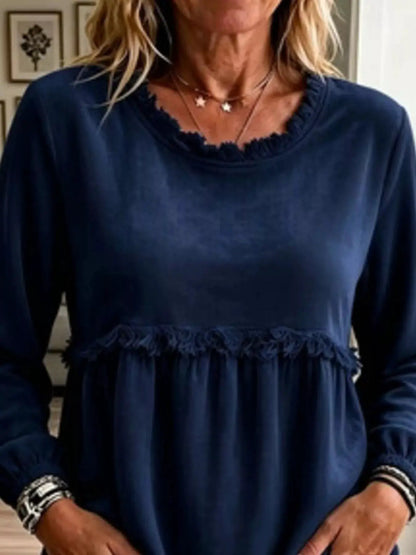 Fringed Hem Long Sleeve T-Shirt by Trendsi