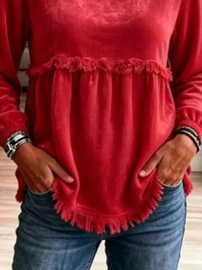 Fringed Hem Long Sleeve T-Shirt by Trendsi
