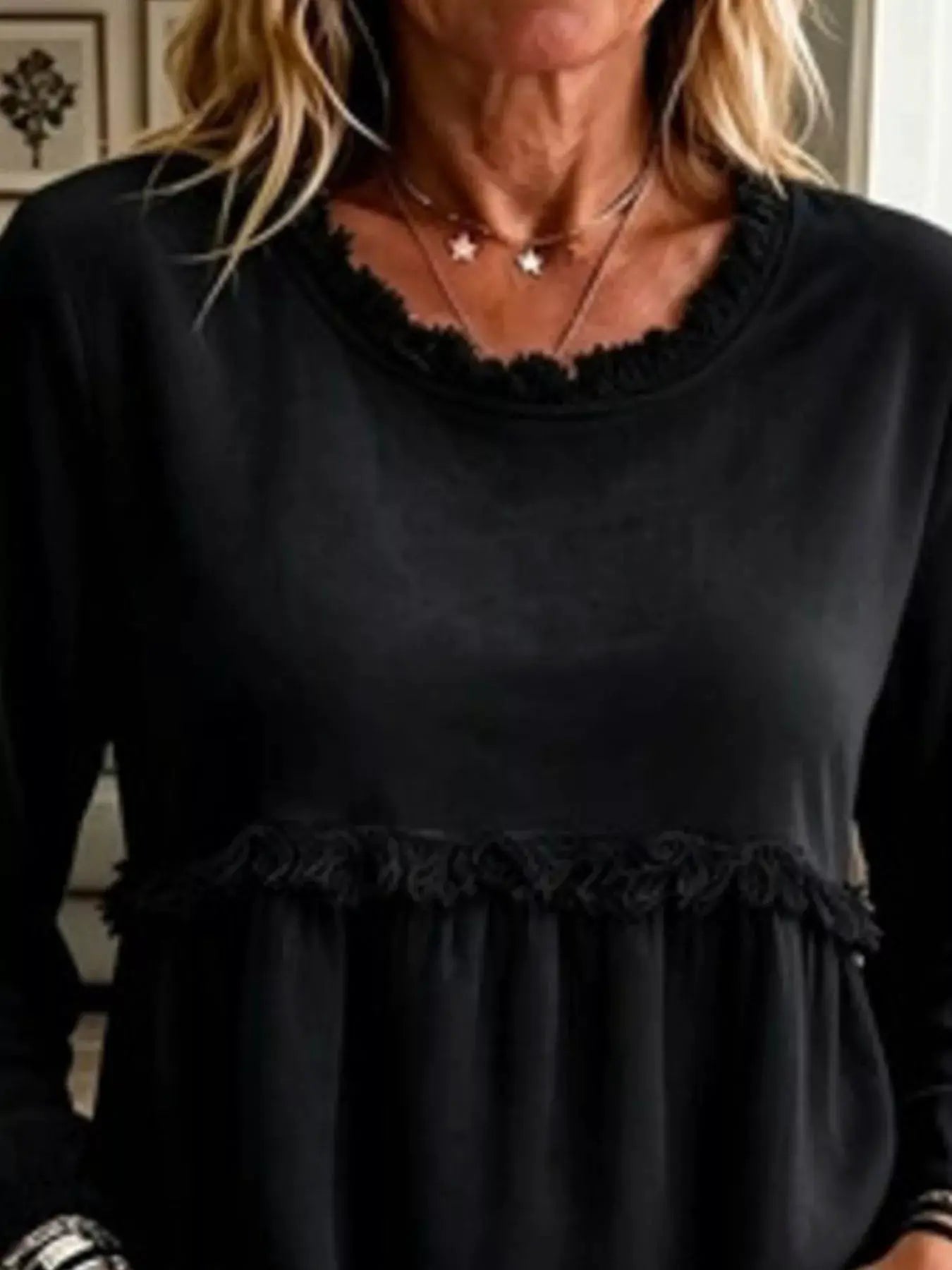 Fringed Hem Long Sleeve T-Shirt by Trendsi