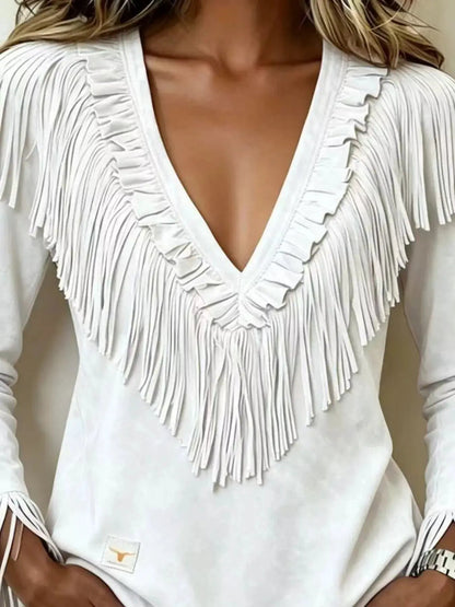 Fringed V-Neck Blouse - Bitsy Gypsy Boutique