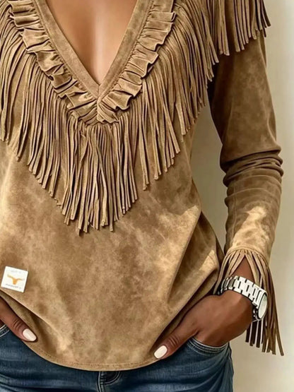 Fringed V-Neck Blouse - Bitsy Gypsy Boutique