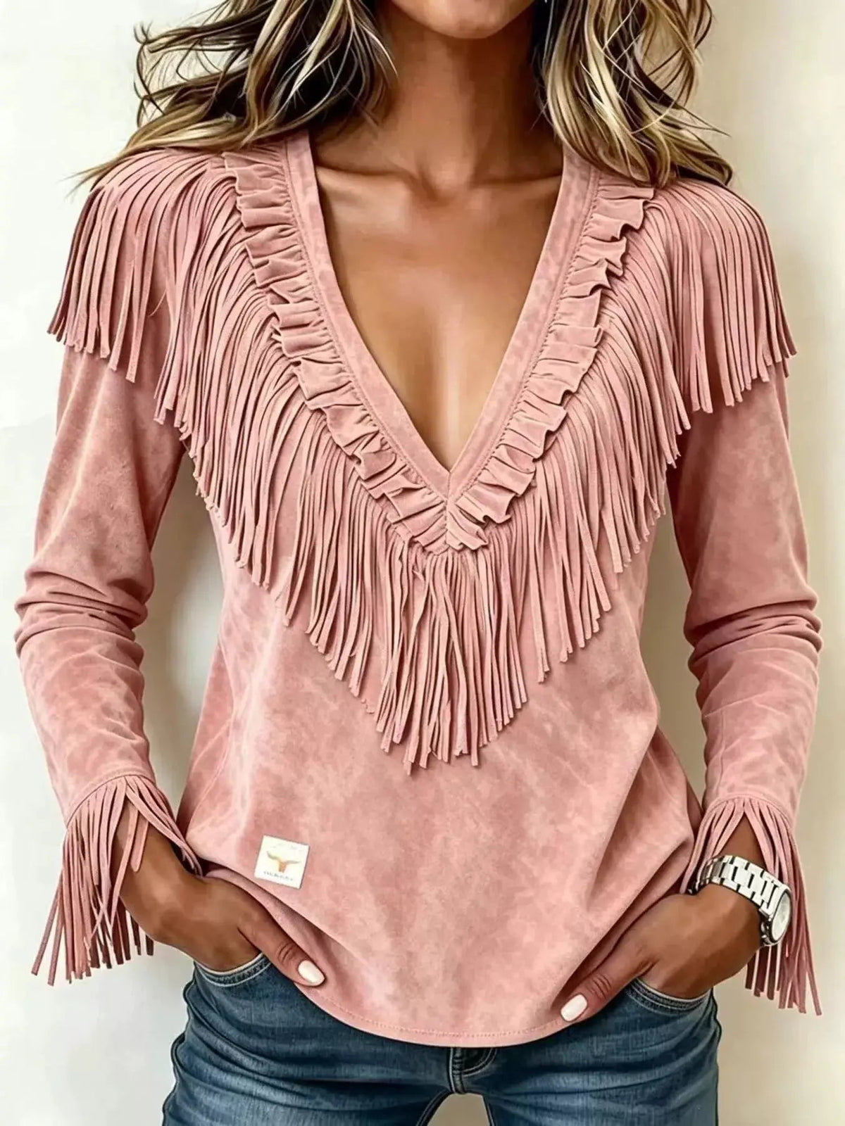 Fringed V-Neck Blouse - Bitsy Gypsy Boutique