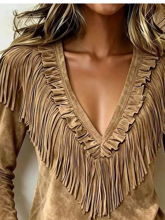Fringed V-Neck Blouse - Bitsy Gypsy Boutique
