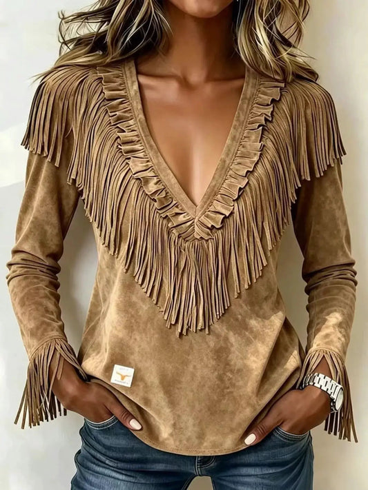 Fringed V-Neck Blouse - Bitsy Gypsy Boutique