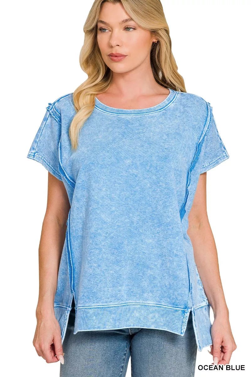 F/terry Halo Snow Washed Oversized Hi - low Top - Bitsy Gypsy Boutique