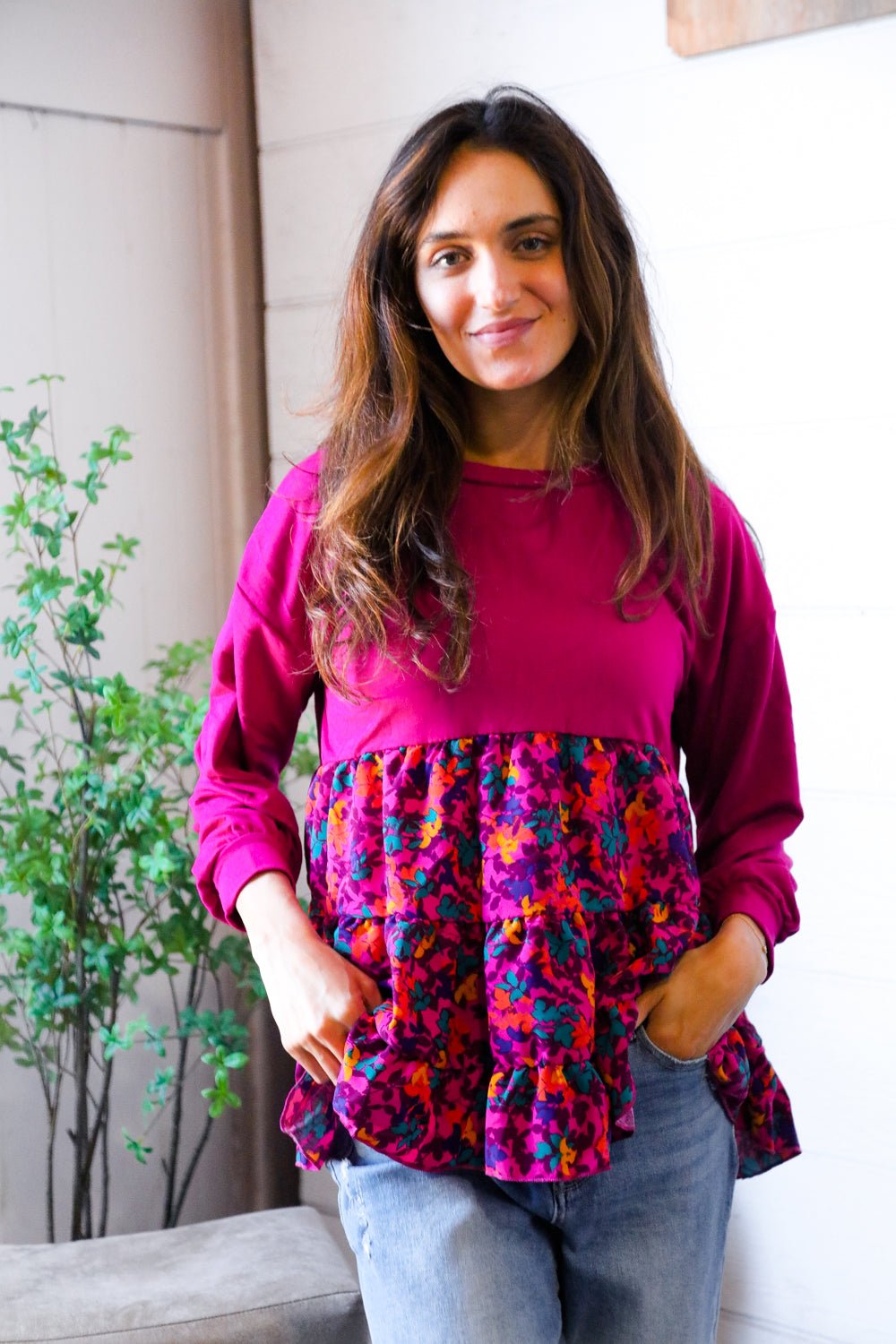 Fuchsia Fizz Drop Shoulder Babydoll Blouse - Bitsy Gypsy Boutique
