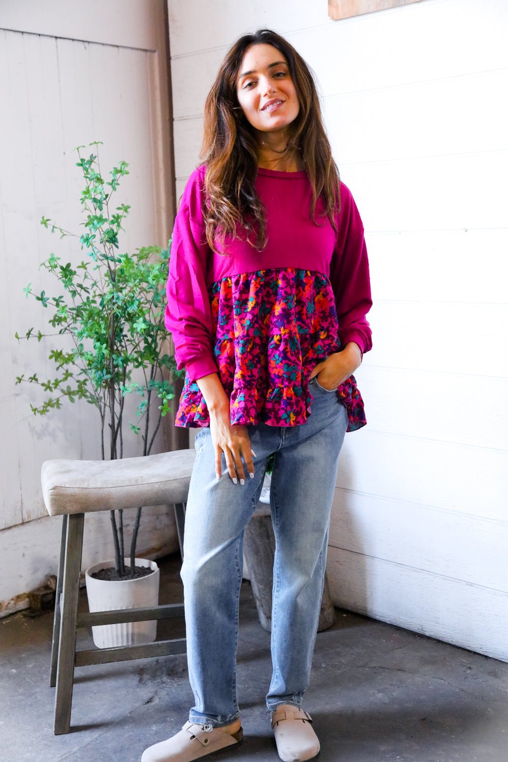 Fuchsia Fizz Drop Shoulder Babydoll Blouse - Bitsy Gypsy Boutique