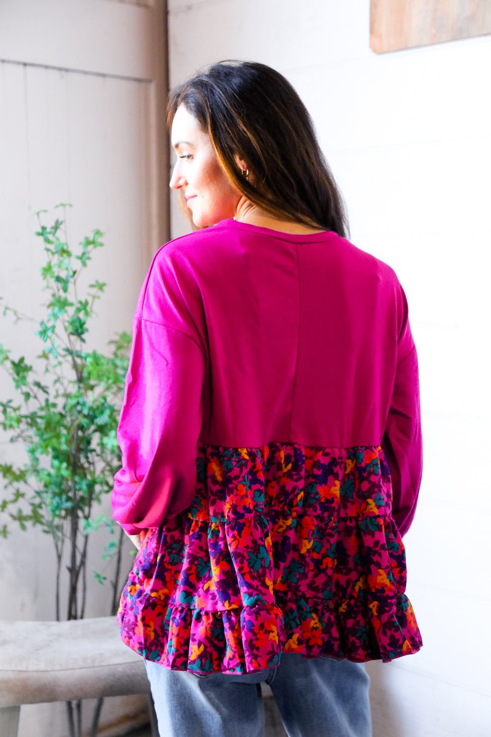 Fuchsia Fizz Drop Shoulder Babydoll Blouse - Bitsy Gypsy Boutique