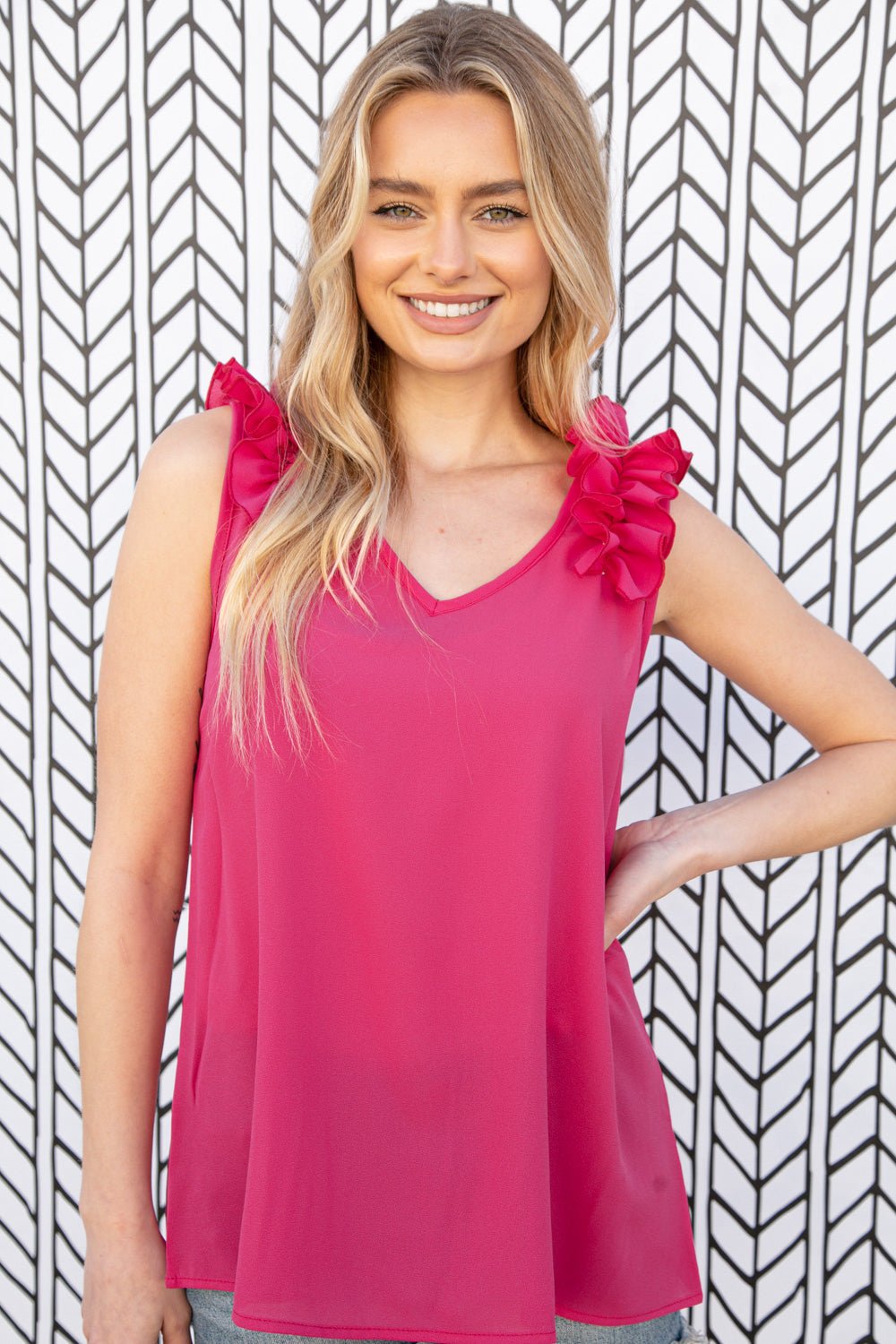 Fuchsia Frill Shoulder Sleeveless Crepe Woven Top - Bitsy Gypsy Boutique