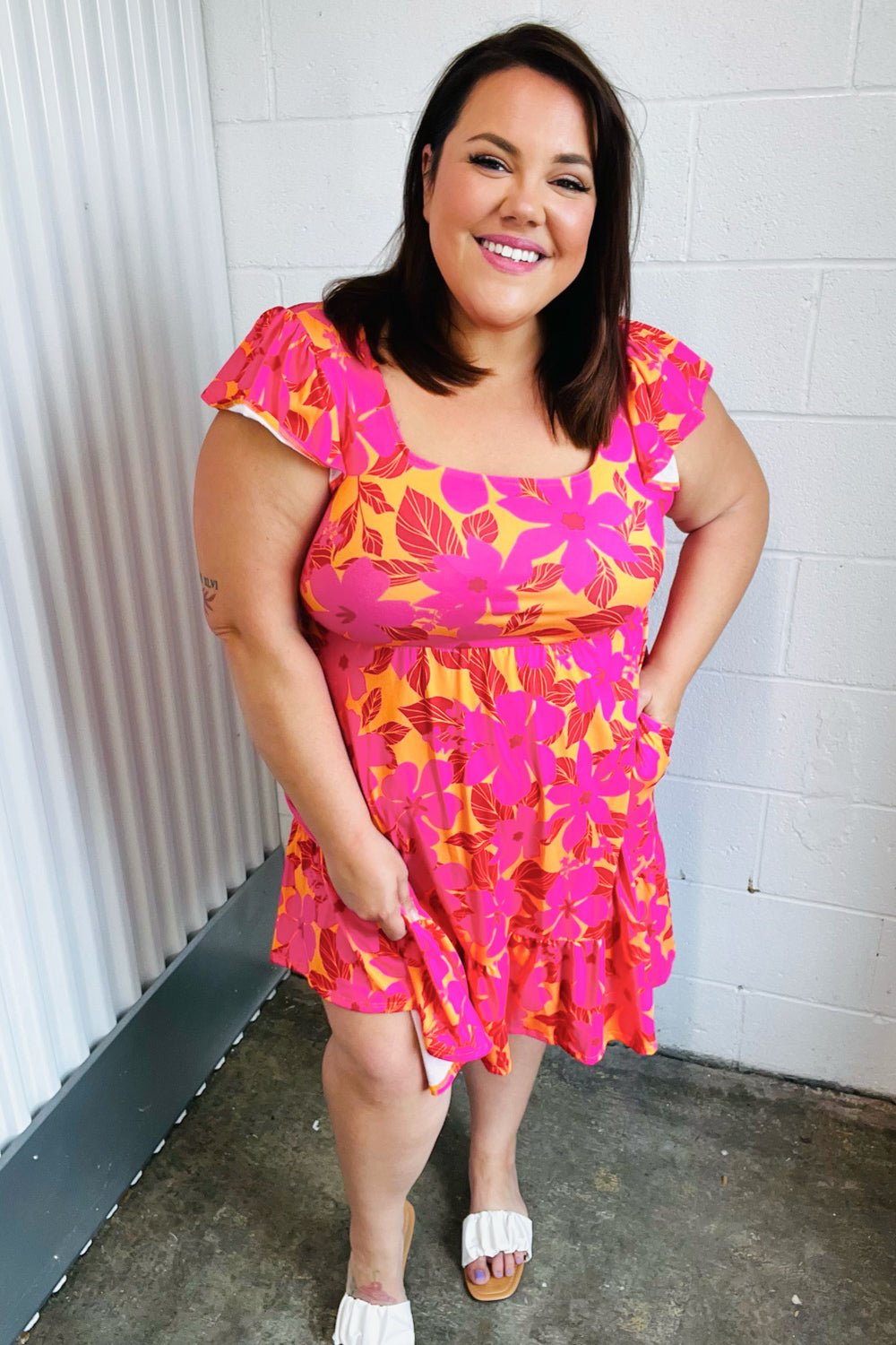 Fuchsia & Orange Tropical Floral Square Neck Dress - Bitsy Gypsy Boutique
