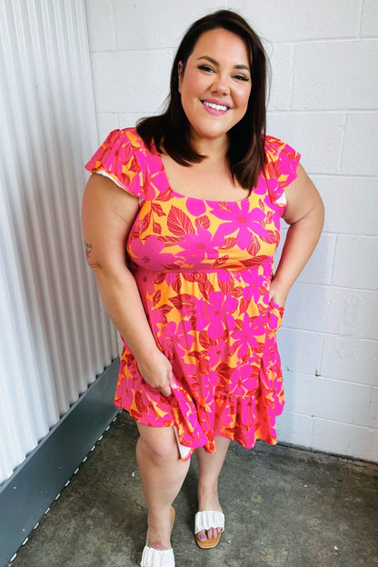 Fuchsia & Orange Tropical Floral Square Neck Dress - Bitsy Gypsy Boutique