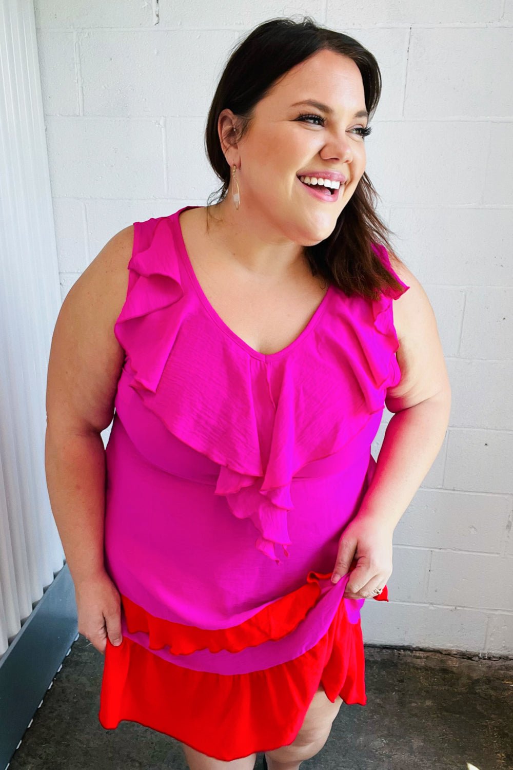 Fuchsia Ruffle V Neck Crepe Tiered Midi Dress - Bitsy Gypsy Boutique