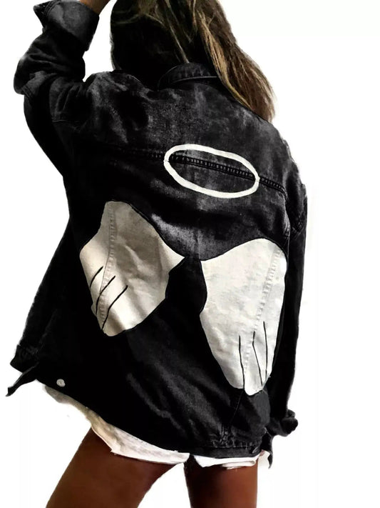 Full Size Angel Wings Graphic Back Denim Jacket Plus Size - Bitsy Gypsy Boutique