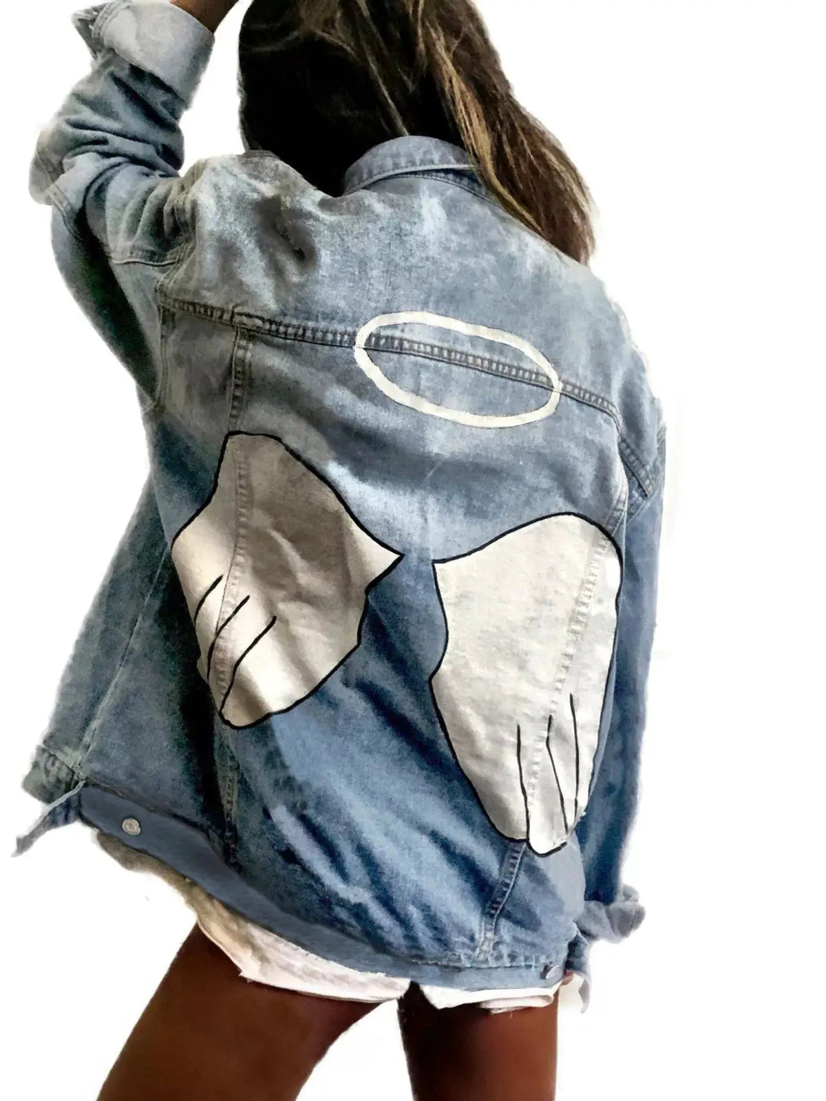 Full Size Angel Wings Graphic Back Denim Jacket Plus Size - Bitsy Gypsy Boutique