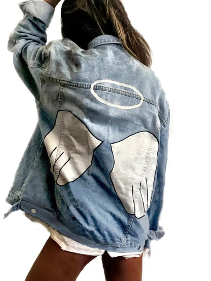Full Size Angel Wings Graphic Back Denim Jacket Plus Size - Bitsy Gypsy Boutique