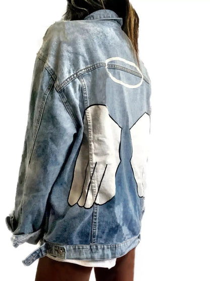 Full Size Angel Wings Graphic Back Denim Jacket Plus Size - Bitsy Gypsy Boutique