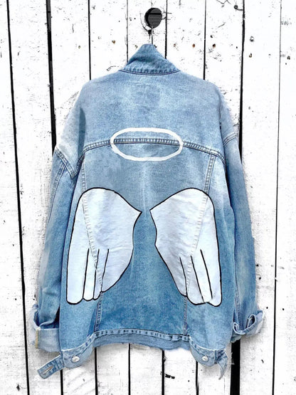 Full Size Angel Wings Graphic Back Denim Jacket Plus Size - Bitsy Gypsy Boutique