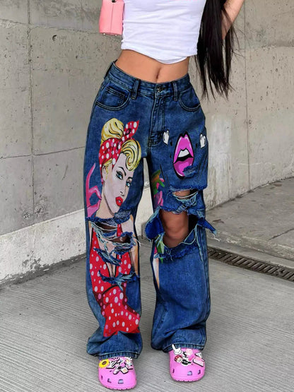 Full Size Art Print Distressed Wide-Leg Jeans Plus Size - Bitsy Gypsy Boutique