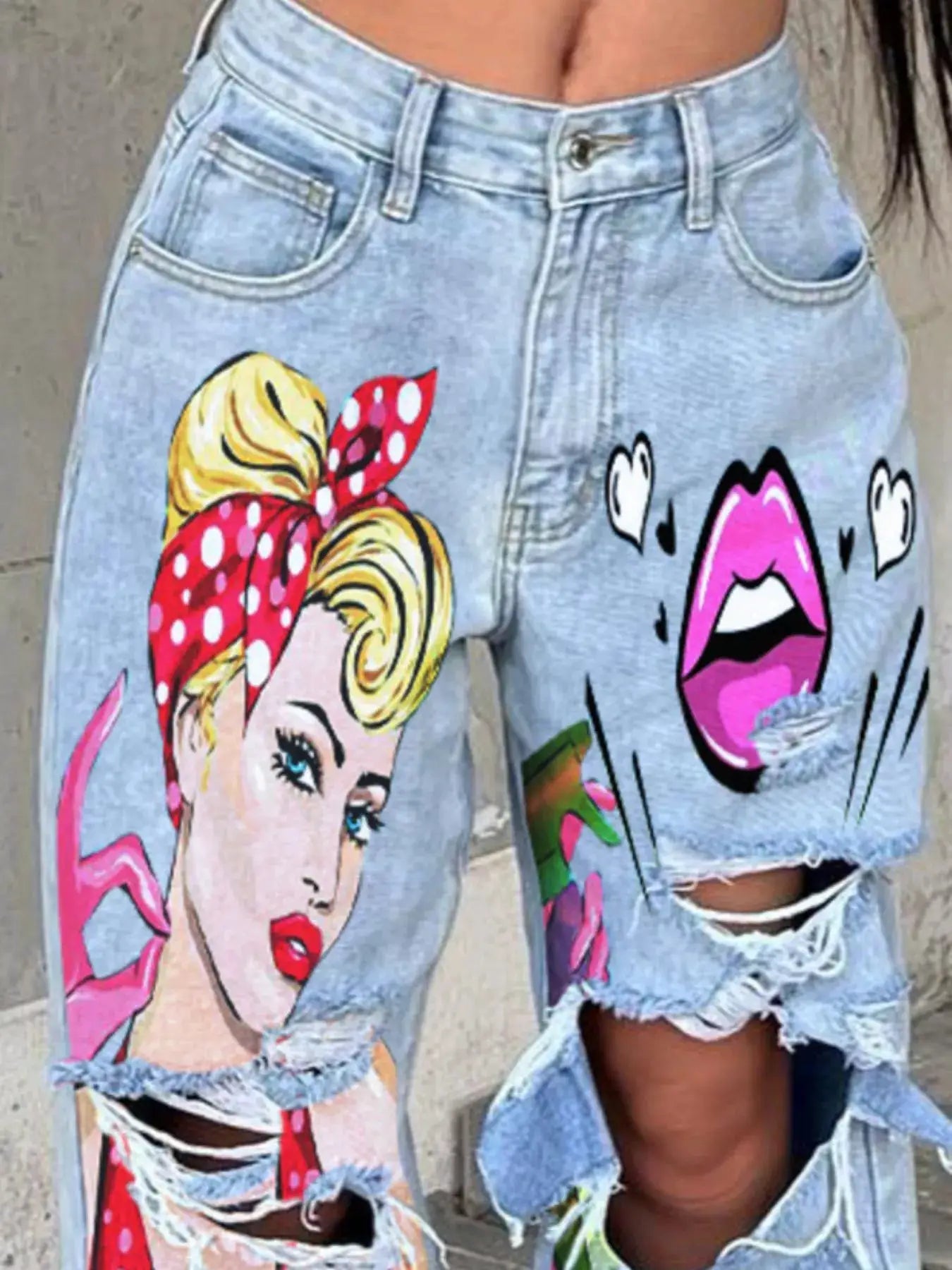 Full Size Art Print Distressed Wide-Leg Jeans Plus Size - Bitsy Gypsy Boutique