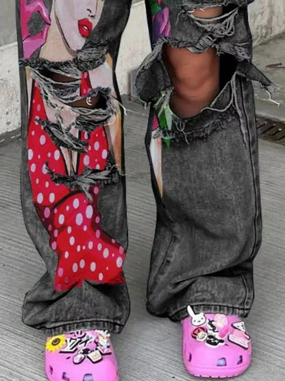 Full Size Art Print Distressed Wide-Leg Jeans Plus Size - Bitsy Gypsy Boutique