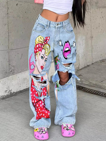 Full Size Art Print Distressed Wide-Leg Jeans Plus Size - Bitsy Gypsy Boutique