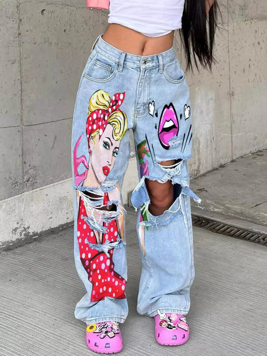 Full Size Art Print Distressed Wide-Leg Jeans Plus Size - Bitsy Gypsy Boutique