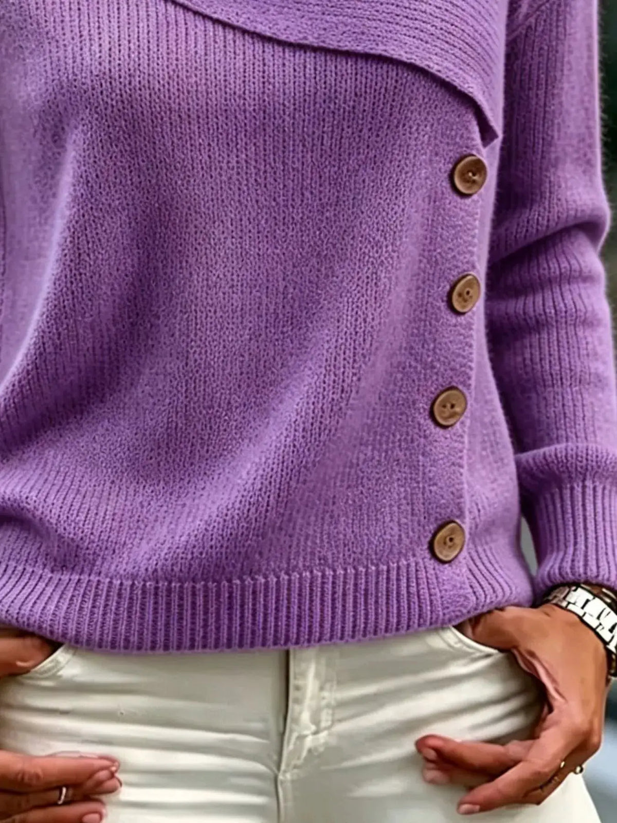 Full Size Asymmetrical Decor Button Sweater Plus Size by Trendsi