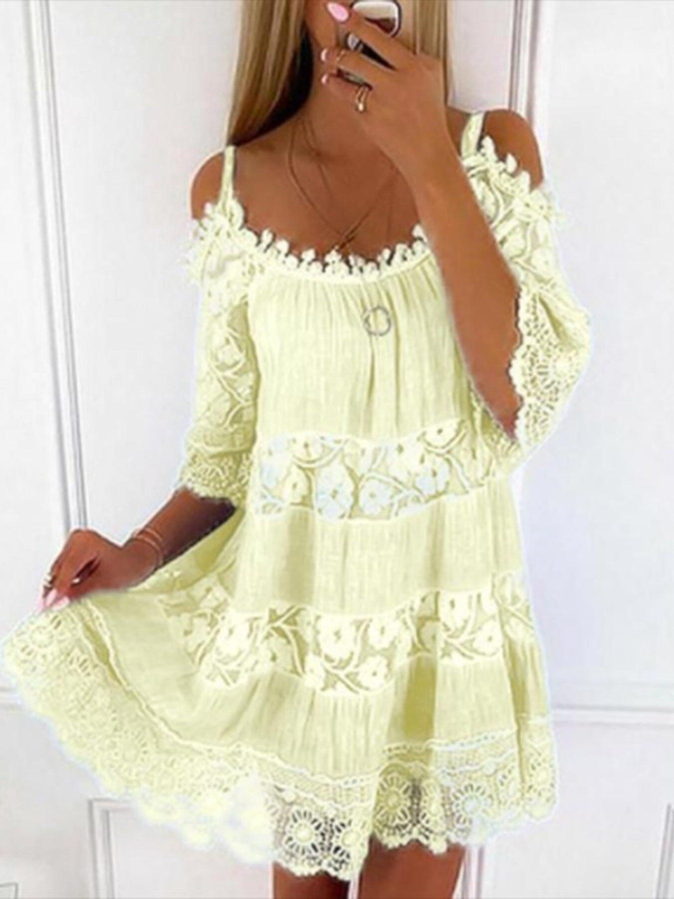 Full Size Bohemian Lace Cold Shoulder Mini Dress Plus Size - Bitsy Gypsy Boutique