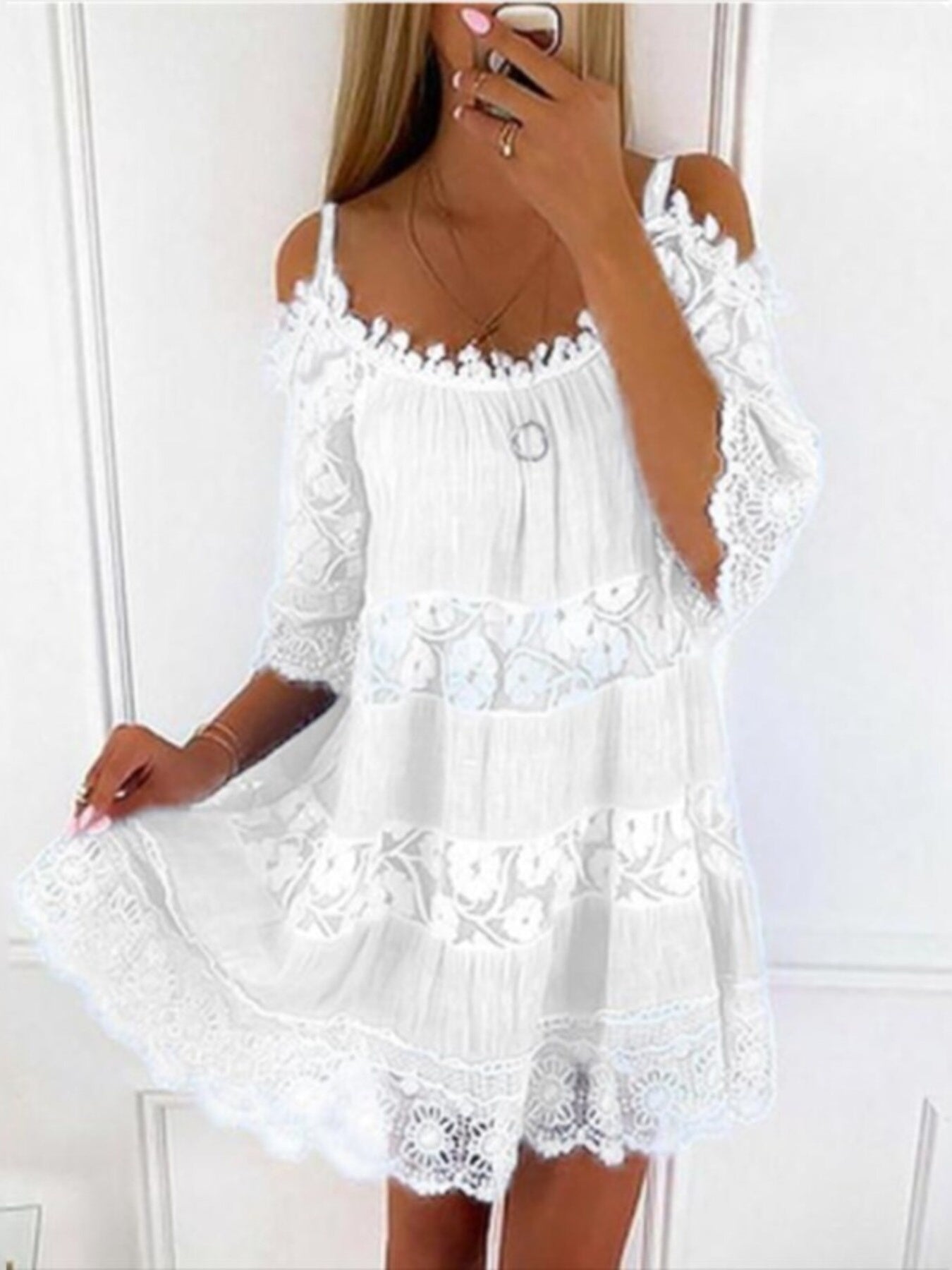 Full Size Bohemian Lace Cold Shoulder Mini Dress Plus Size - Bitsy Gypsy Boutique