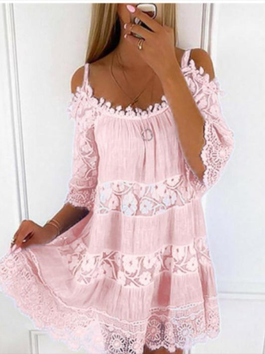 Full Size Bohemian Lace Cold Shoulder Mini Dress Plus Size - Bitsy Gypsy Boutique