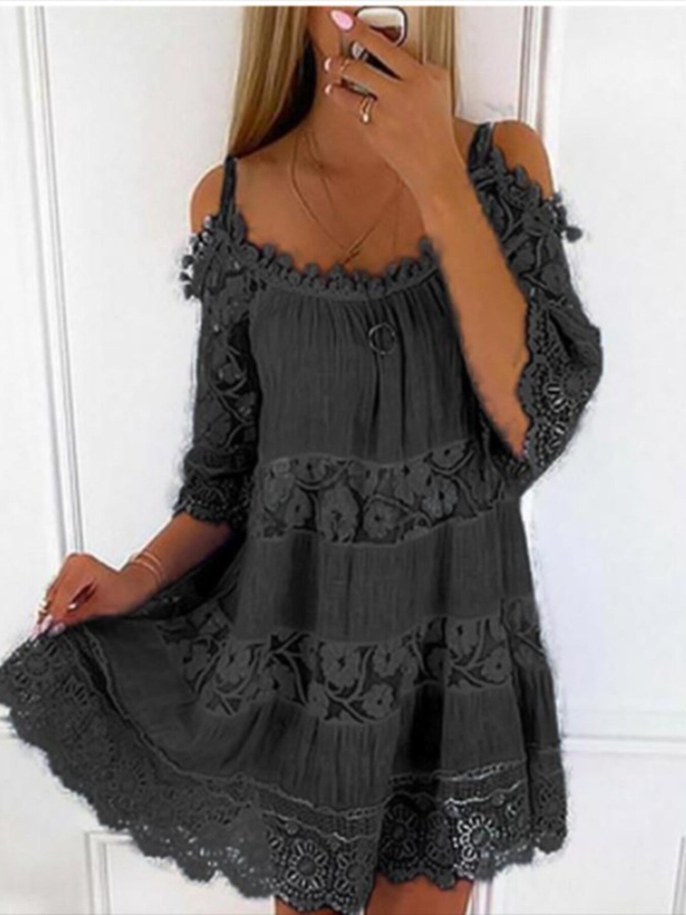 Full Size Bohemian Lace Cold Shoulder Mini Dress Plus Size - Bitsy Gypsy Boutique
