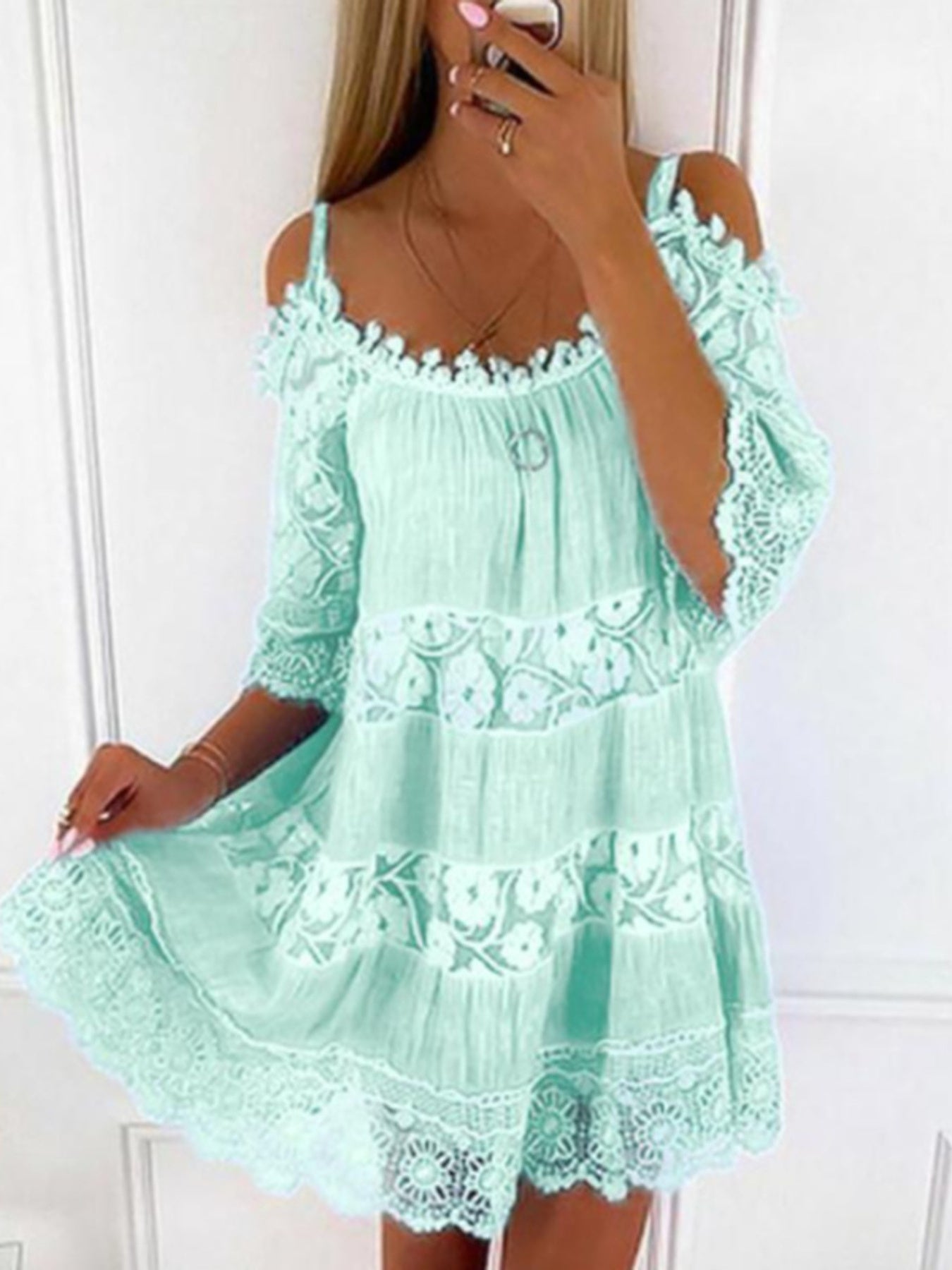 Full Size Bohemian Lace Cold Shoulder Mini Dress Plus Size - Bitsy Gypsy Boutique