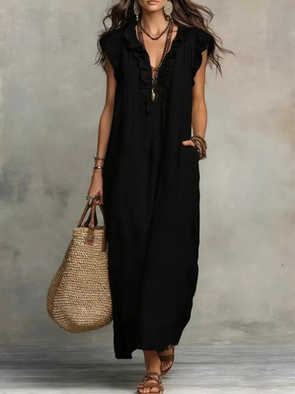 Full Size Bohemian Ruffle Neck Maxi Dress Plus Size - Bitsy Gypsy Boutique