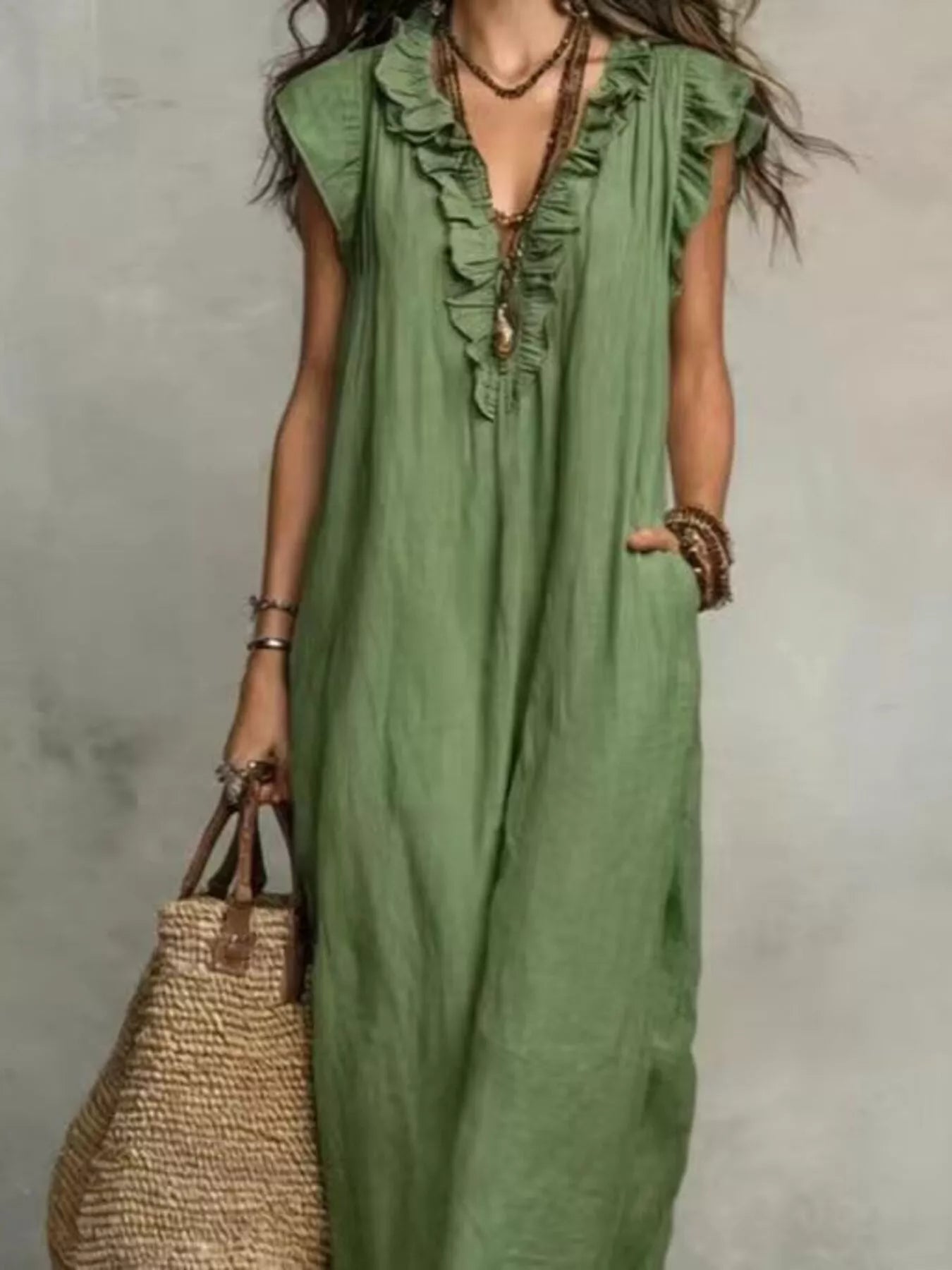 Full Size Bohemian Ruffle Neck Maxi Dress Plus Size - Bitsy Gypsy Boutique