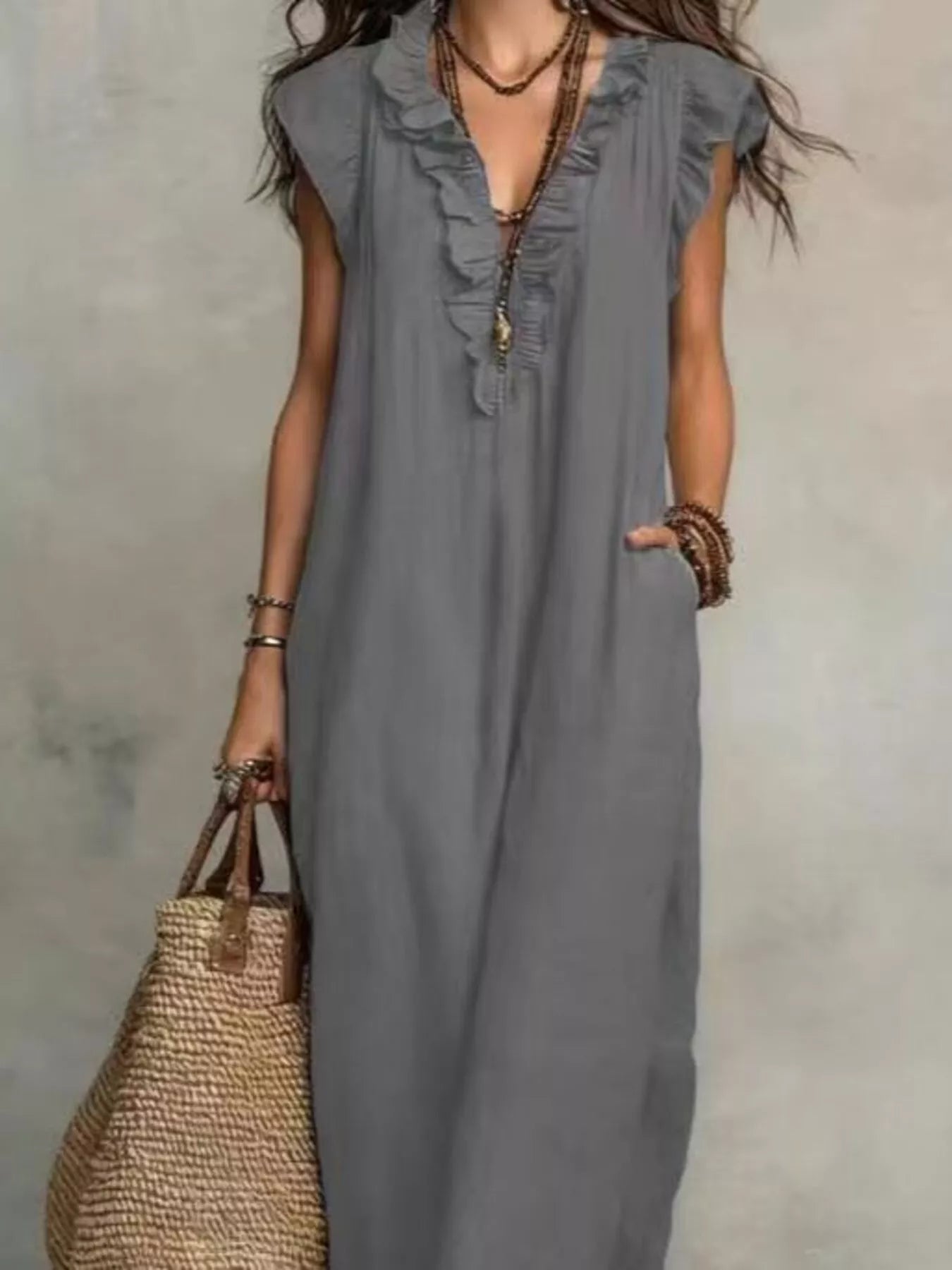 Full Size Bohemian Ruffle Neck Maxi Dress Plus Size - Bitsy Gypsy Boutique
