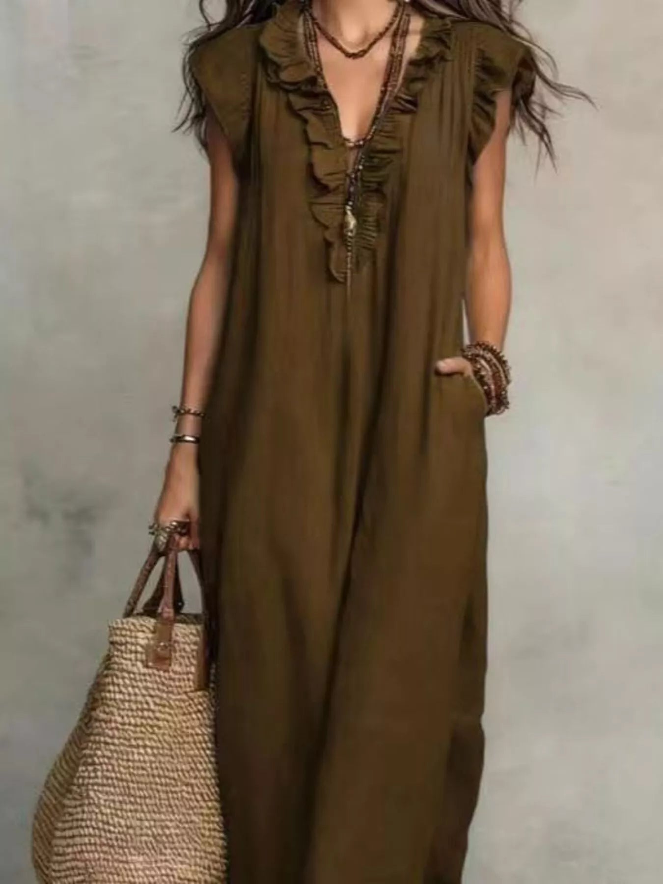 Full Size Bohemian Ruffle Neck Maxi Dress Plus Size - Bitsy Gypsy Boutique