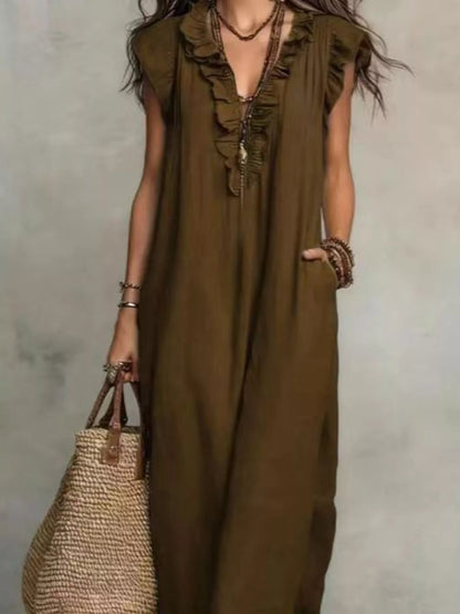 Full Size Bohemian Ruffle Neck Maxi Dress Plus Size - Bitsy Gypsy Boutique