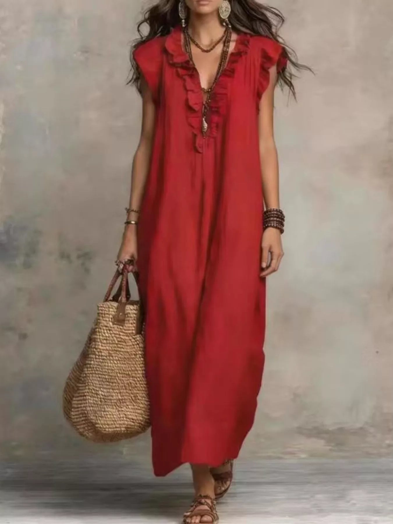 Full Size Bohemian Ruffle Neck Maxi Dress Plus Size - Bitsy Gypsy Boutique