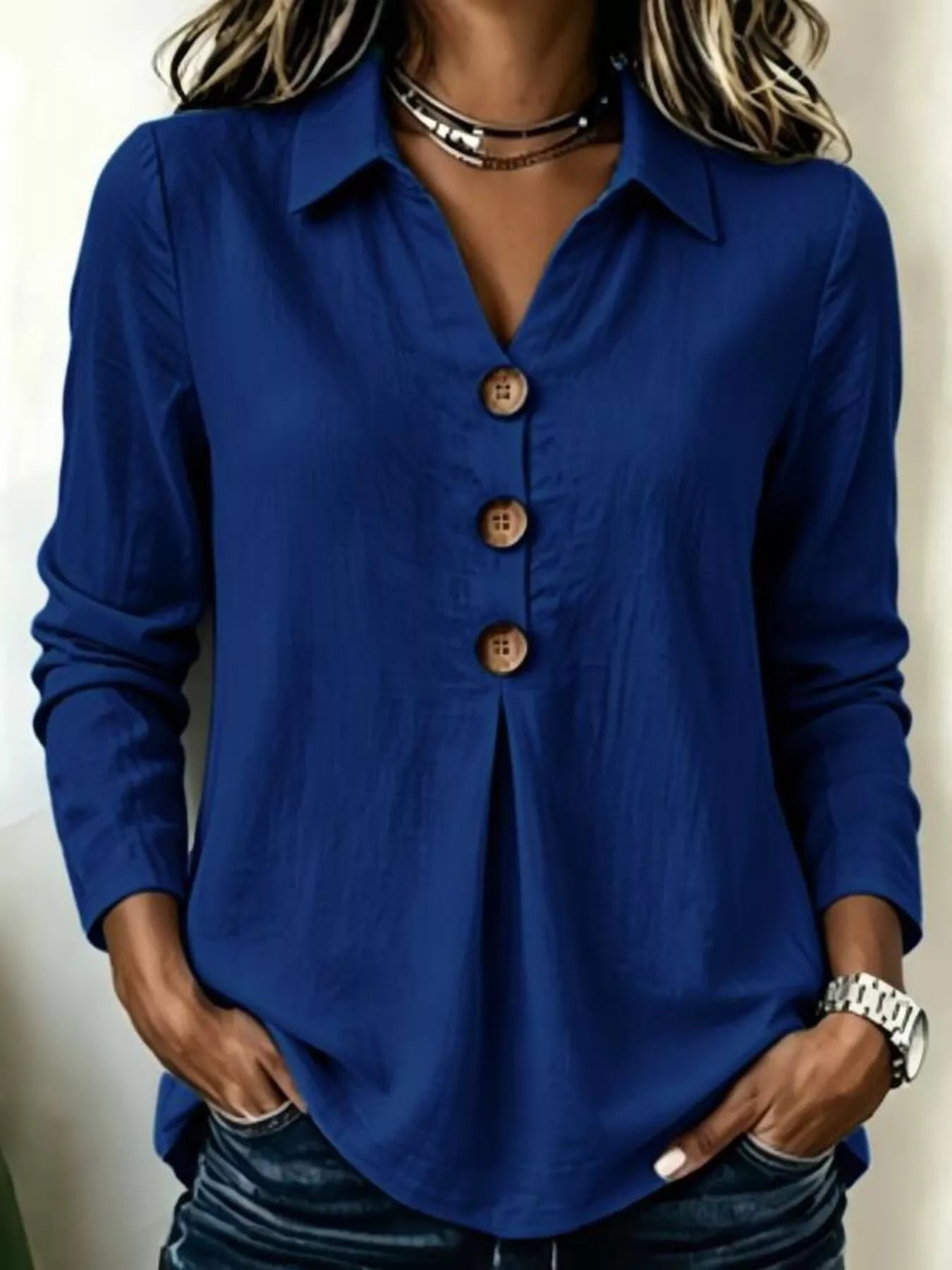 Full Size Button Detail Long Sleeve Blouse Plus Size - Bitsy Gypsy Boutique