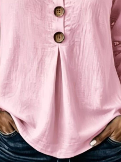 Full Size Button Detail Long Sleeve Blouse Plus Size - Bitsy Gypsy Boutique