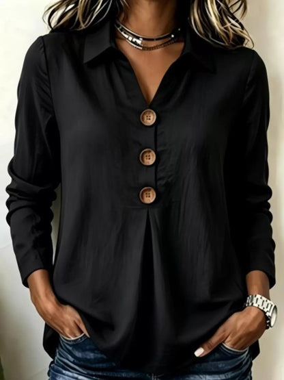 Full Size Button Detail Long Sleeve Blouse Plus Size - Bitsy Gypsy Boutique