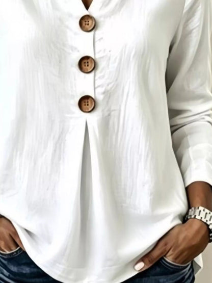 Full Size Button Detail Long Sleeve Blouse Plus Size - Bitsy Gypsy Boutique